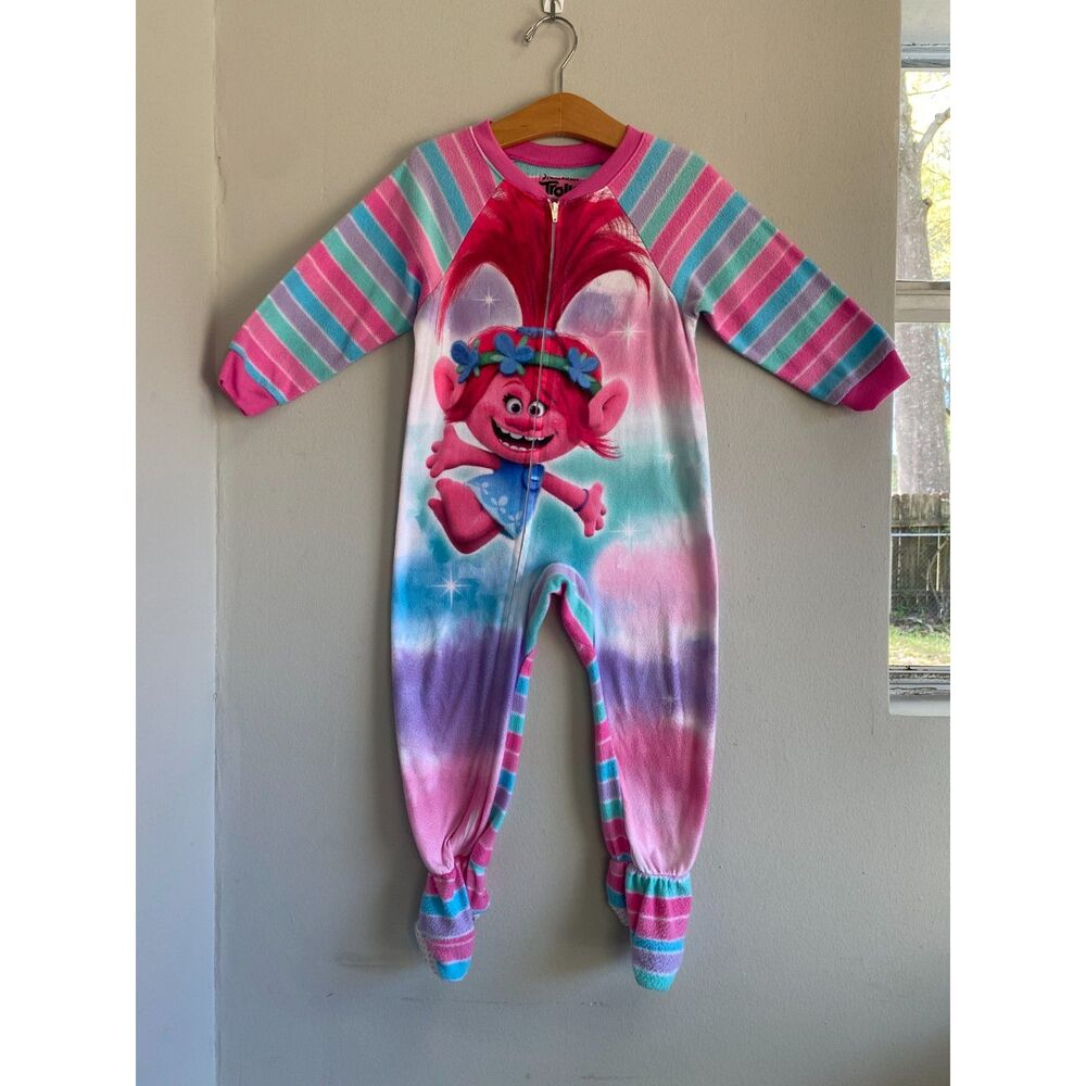 Dreamworks Trolls 3T Full Zip Fleece One Piece Pajamas Pink Blue Purple